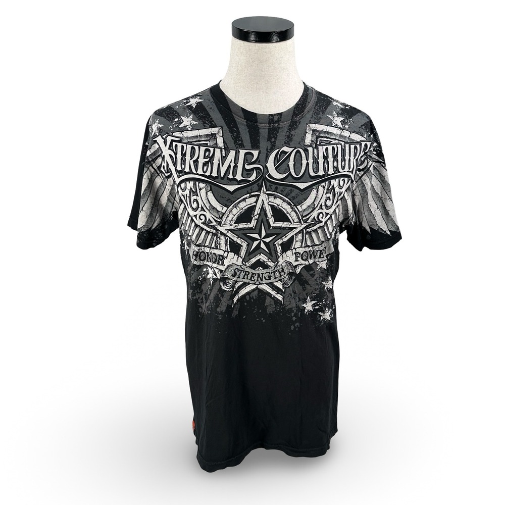 Y2K Xtreme Couture Mens Large Black Gray Star Wings Graphic T-Shirt MMA Biker